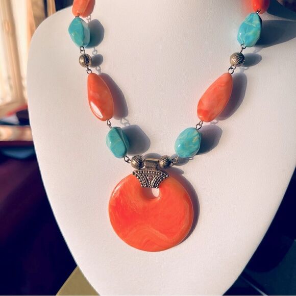Vintage Faux Coral & Turquoise Statement Necklace - Picture 1 of 6